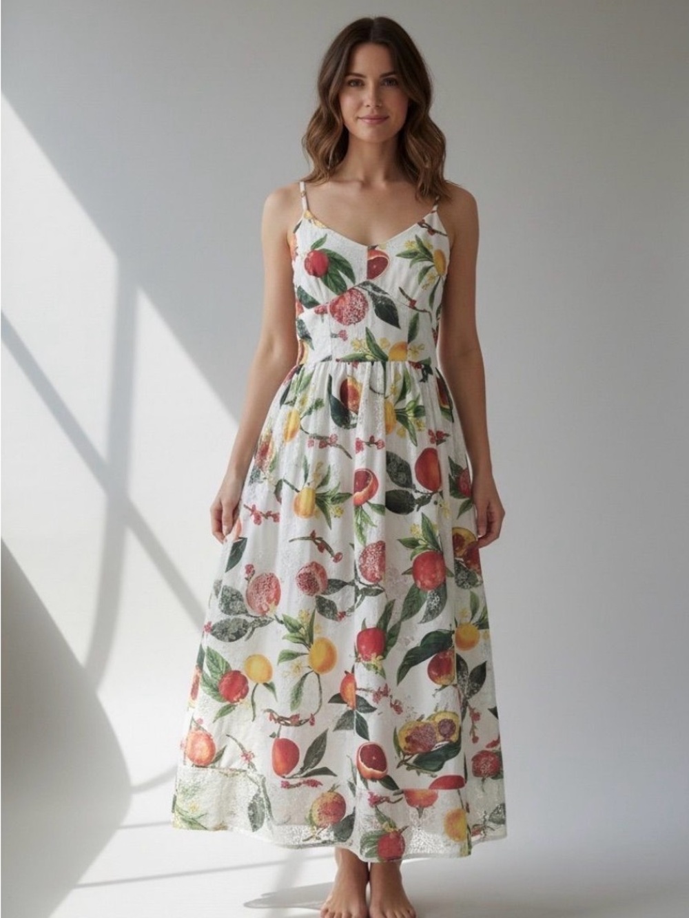 White Lined Lace Fruit-Print Maxi Dress with Spaghetti Straps